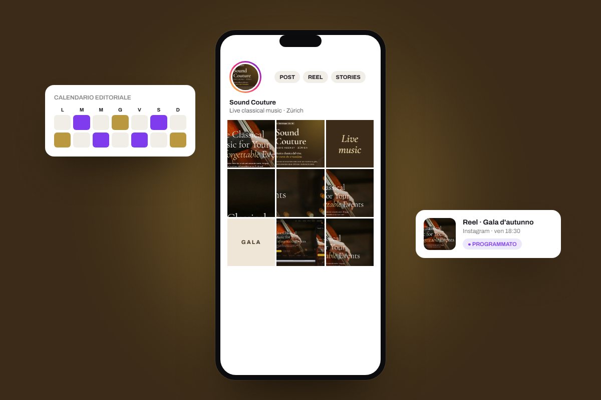 Profilo Instagram con griglia di contenuti e calendario editoriale