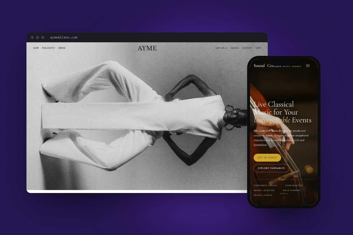 Sito di Ayme Milano su desktop e sito di Sound Couture su telefono
